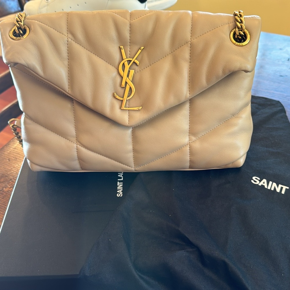 Saint Laurent small LouLou puffer in dark beige